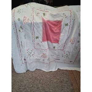 Vintage 50s MCM Birthday Cake Tablecloth Inch White Red Cottagecore 44X52 Cotton